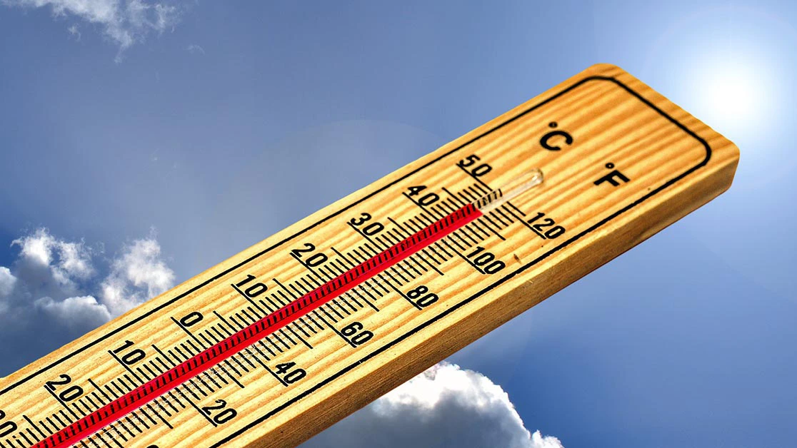 Kuva lämpötilamittarista joka näyttää, että on tukalan kuuma