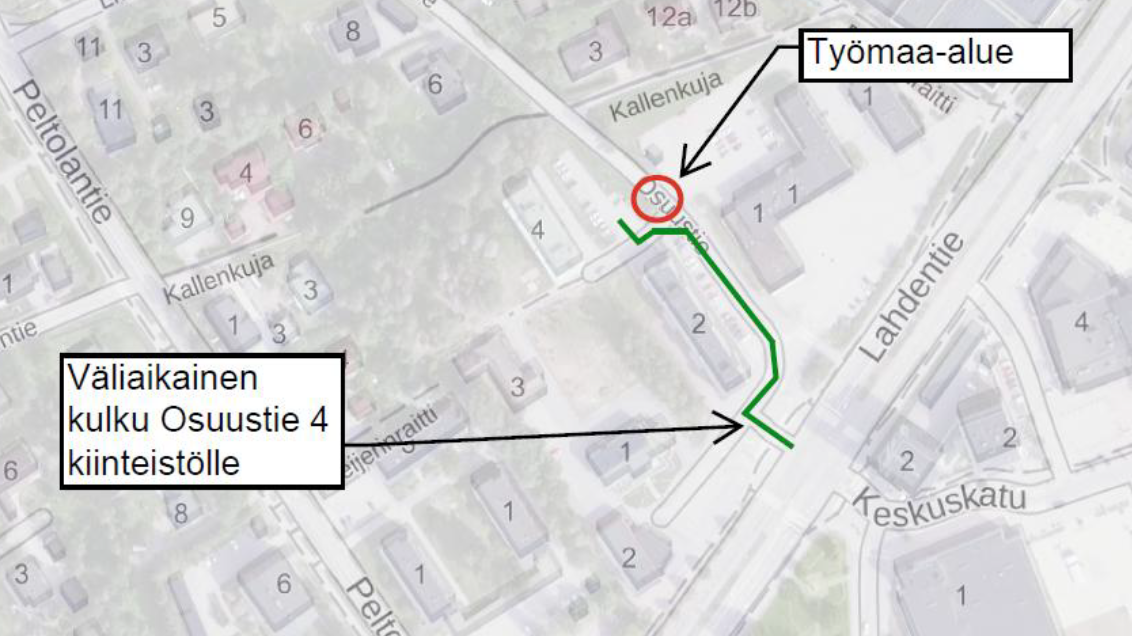 Kartta Osuustien vesijohtovuodon korjaustyöstä. Työmaa sijaitsee Kallenkujan liittymän läheisyydessä. Osuustie 4:n kiinteistölle kulku ohjataan väliaikaisesti Lahdentieltä Osuustie 2:n kautta. Työmaa-alue on merkitty punaisella ympyrällä ja kulkureitti vihreällä viivalla.