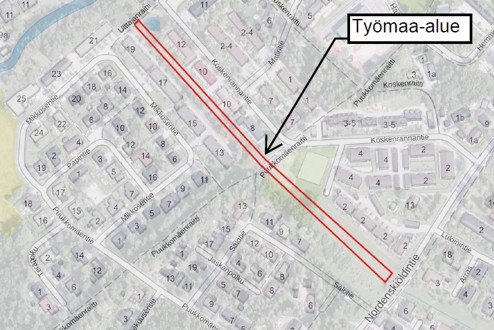 Karttakuvaan merkityllä alueella, Salotien ja Mikkosentien puistoalueella, runkovesijohdon saneerauksen työmaa-alue.